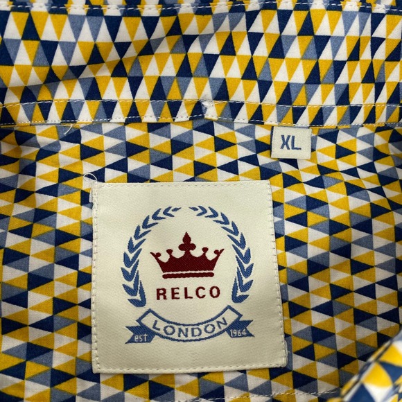 Relco London XL Yellow Blue Triangle Pattern Short Sleeve Cotton Button Up Shirt - Picture 2 of 5